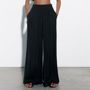 ZARA FLOWY SATIN WIDE LEG PANTS in Black